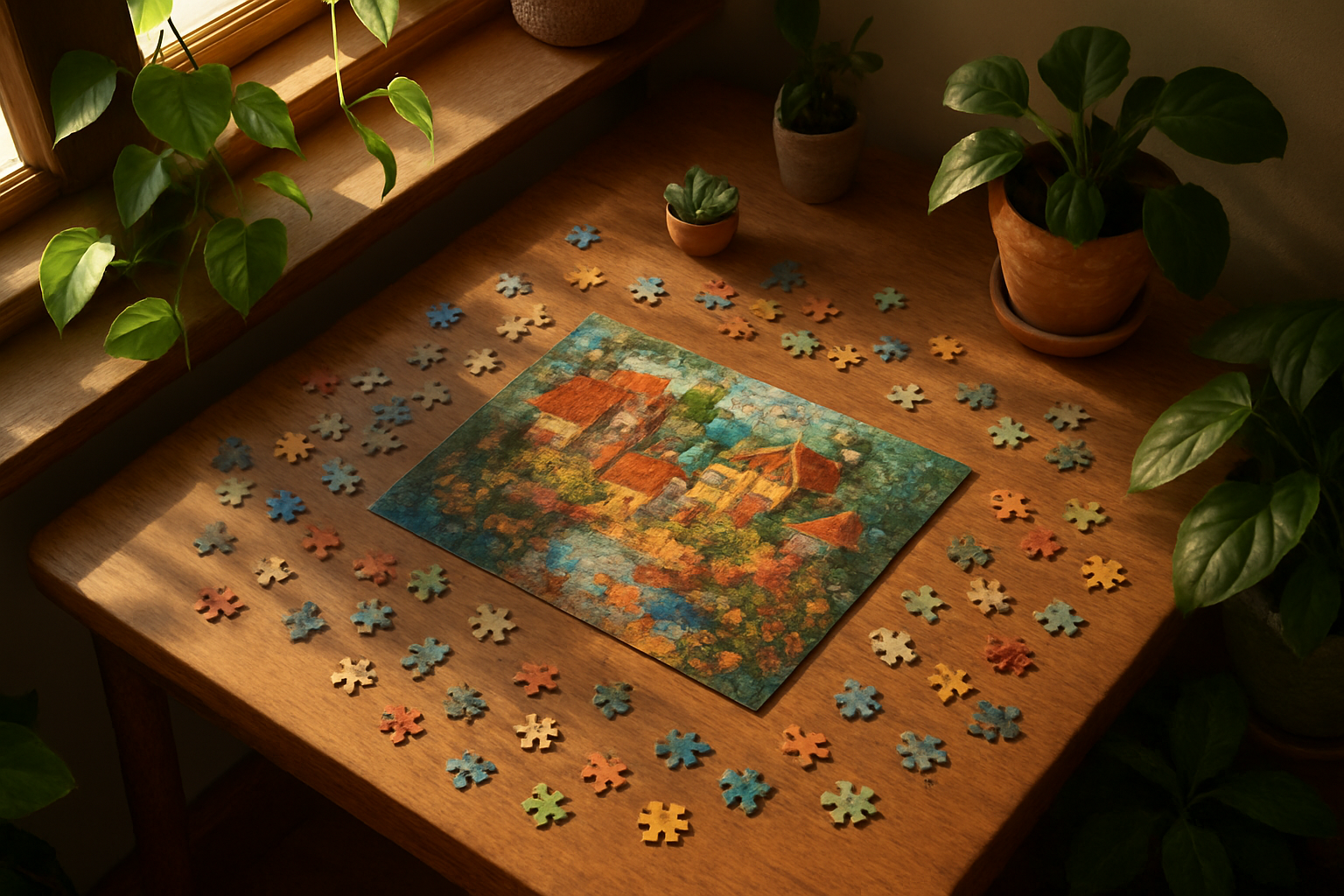 A cozy indoor table with a partially completed jigsaw puzzle, natural light coming through the window, surrounded by plants, warm homey vibe, top-down view, soft shadows